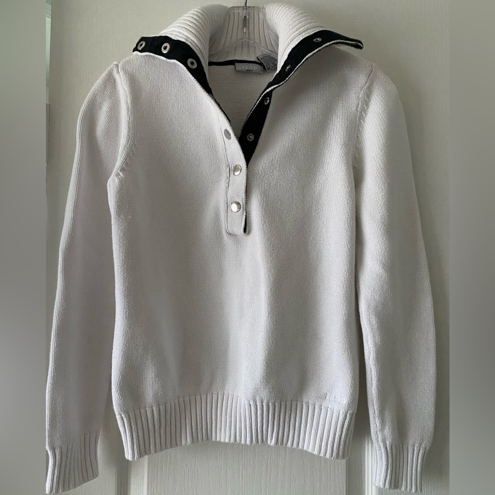 Izod Women's Sweater | Button Up Turtleneck | White w. Black Size S